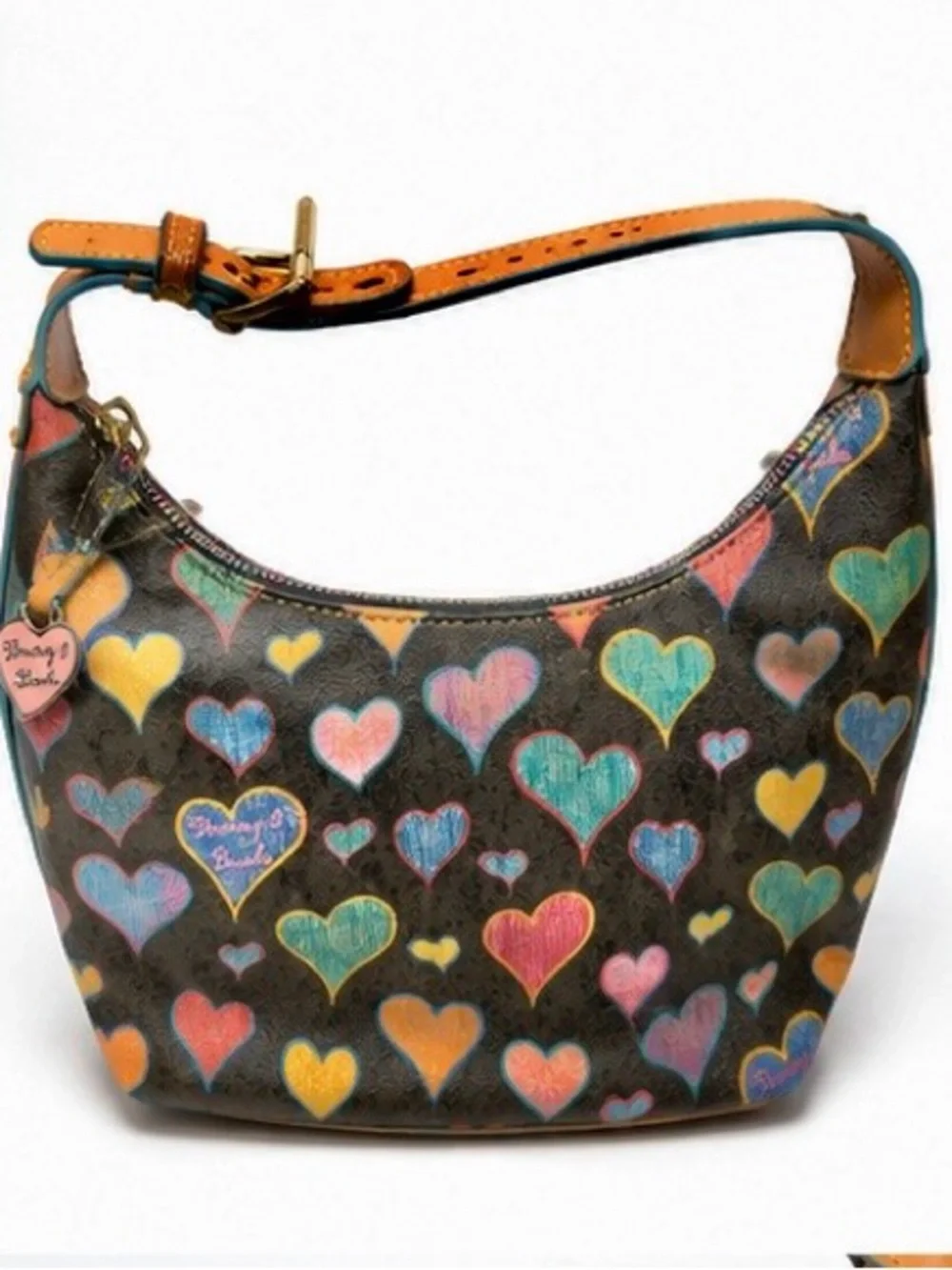 Dooney & Bourke Brown Hobo with Multicolor Heart Print